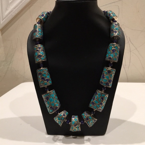 Turquoise Lapis Stone inlaid beads necklace - Picture 1 of 6